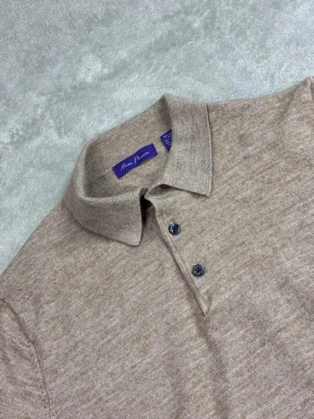 Alan Flusser Classic Polo Sweater Mens Medium Tan Merino Wool Ribbed Hem Golf